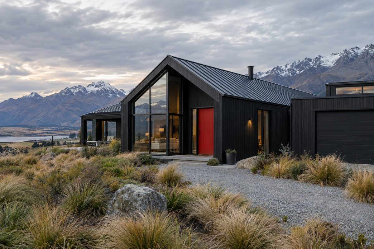 Contemporary black-clad New Zealand home with red front door